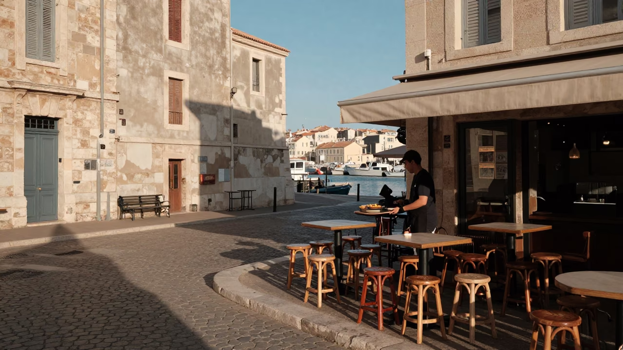 Morning Light on Marseille Vieux Port Stools and Bouillabaisse in in Marseille, France