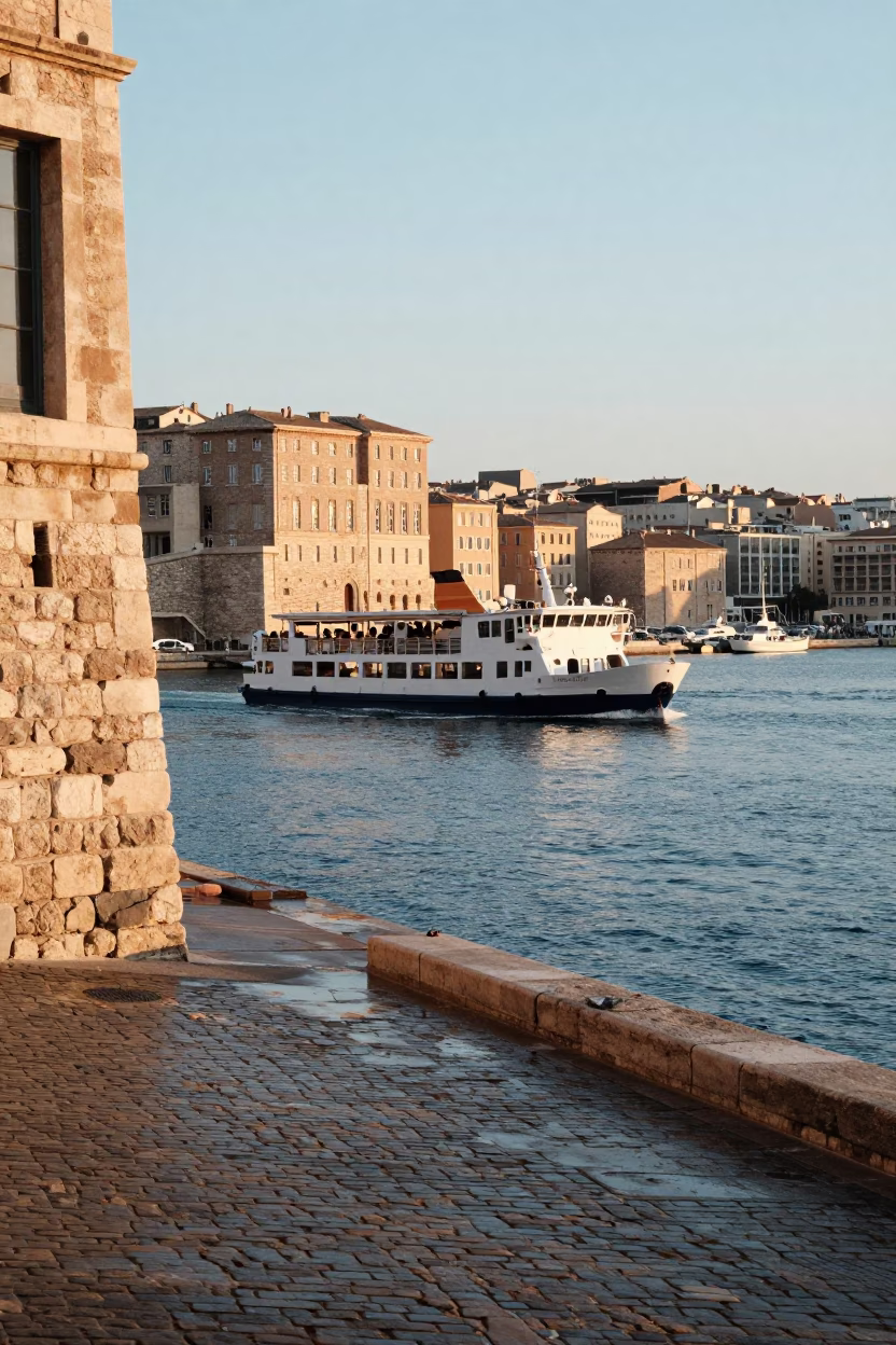 Morning Light on Marseille Vieux Port with Ferry and Distant Mountains in in Marseille, France