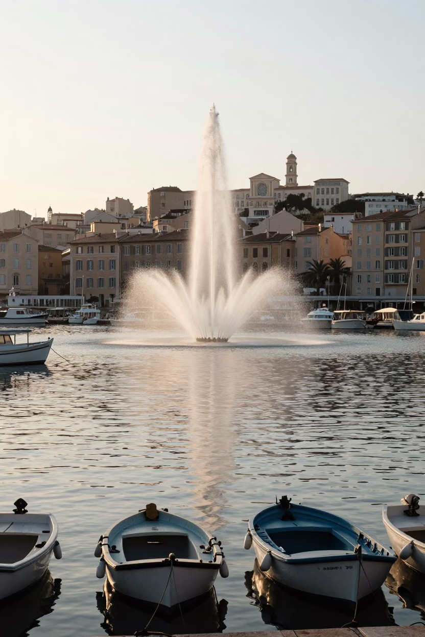 Morning light on Marseille Vieux Port with fountain spray and weathered bench in in Marseille, France