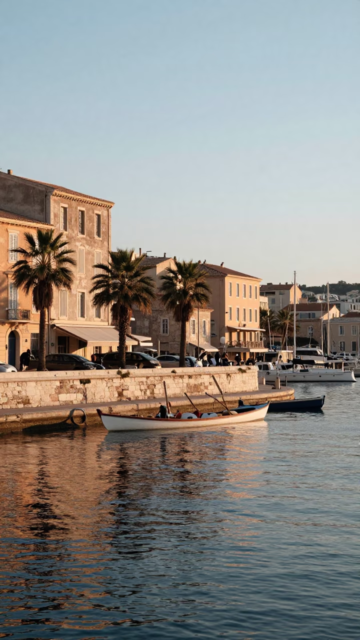 Morning Light on Marseille Vieux Port with Palm Trees and Boats in in Marseille, France