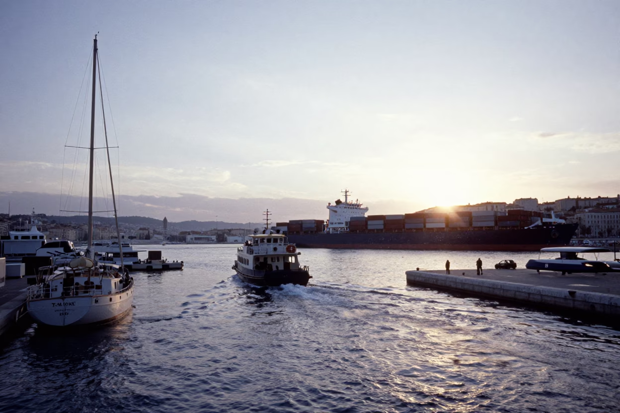 Morning Light on Marseille Vieux Port with Pilot Boat and Container Ship in in Marseille, France