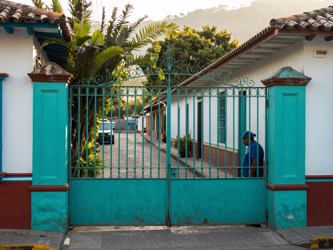 Morning Light on Medellin Street with Garden Gate and Woven Mats in in Medellin, Colombia