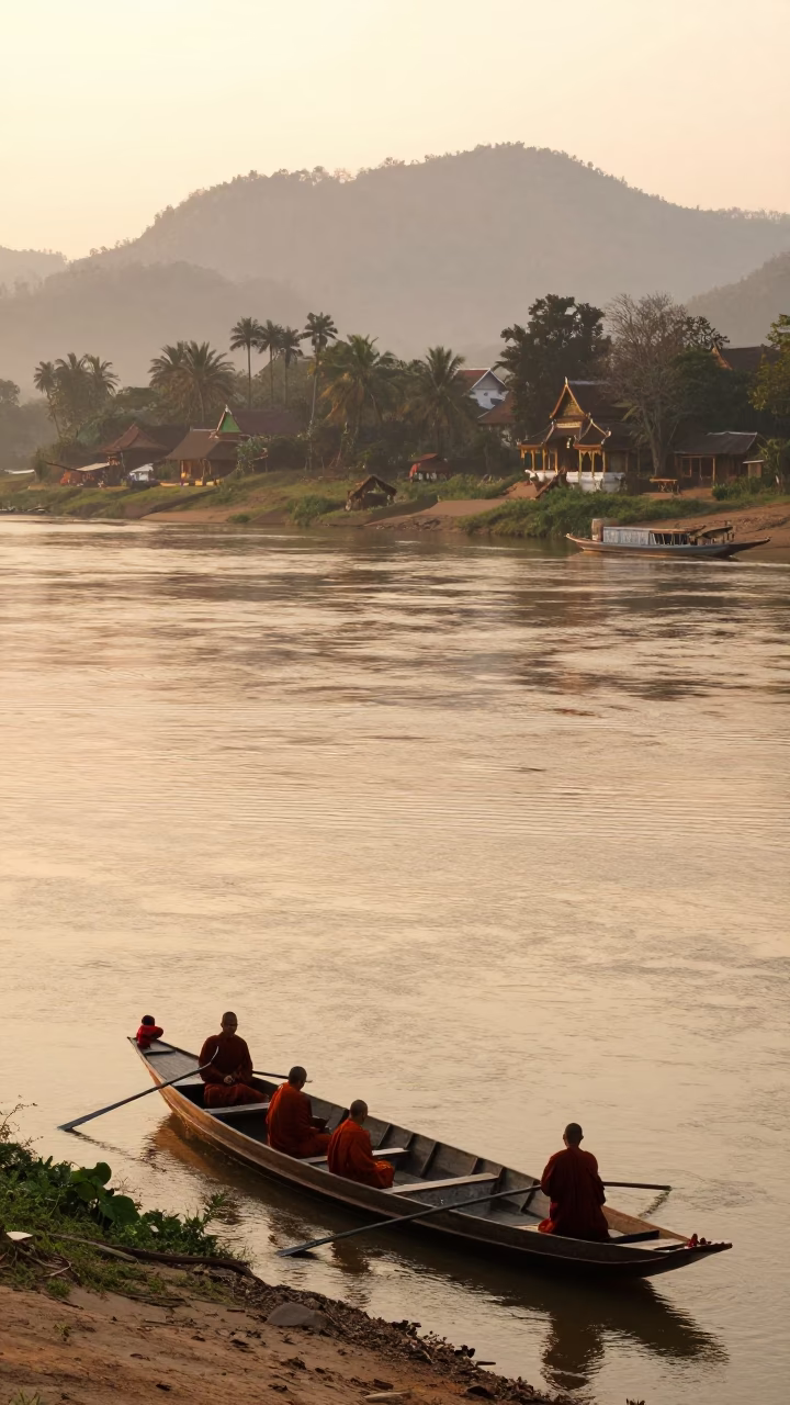 Morning Light on Mekong River in Luang Prabang Laos with Monks and Wooden Boats in in Luang Prabang, Laos