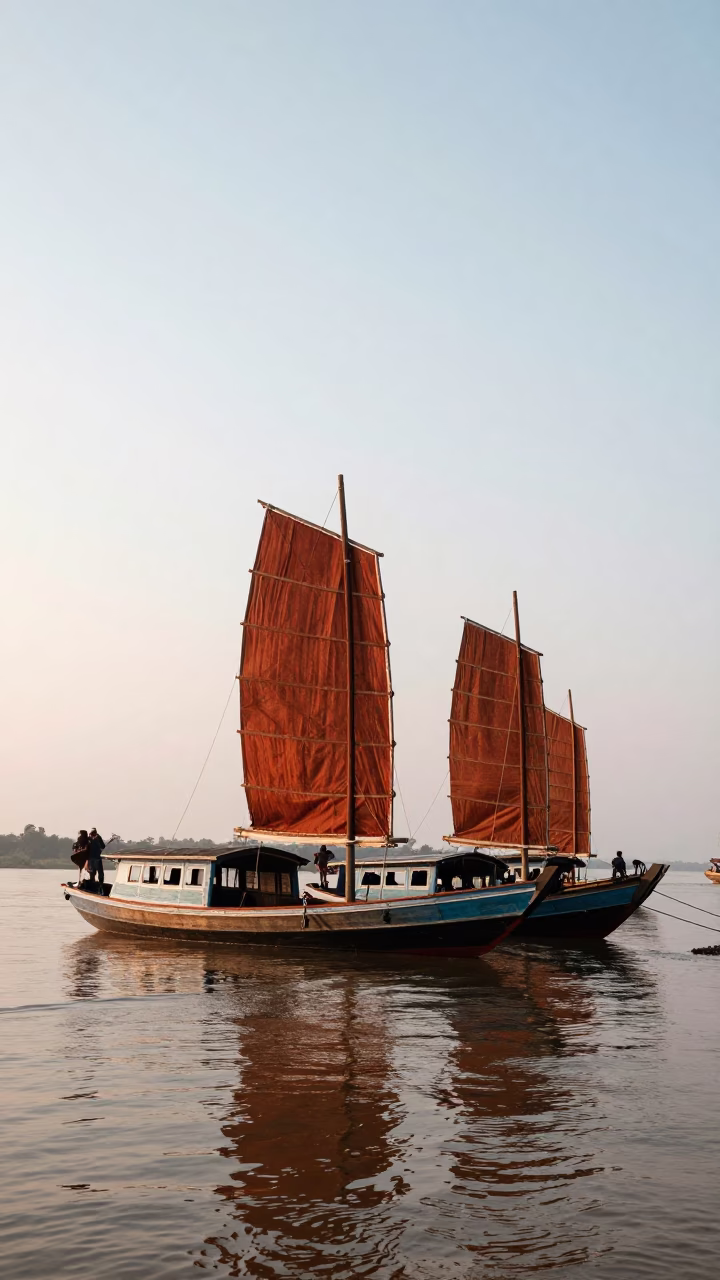 Morning Light on Mekong River Junk Boats Anchored Near Luang Prabang Waterfront in in Luang Prabang, Laos