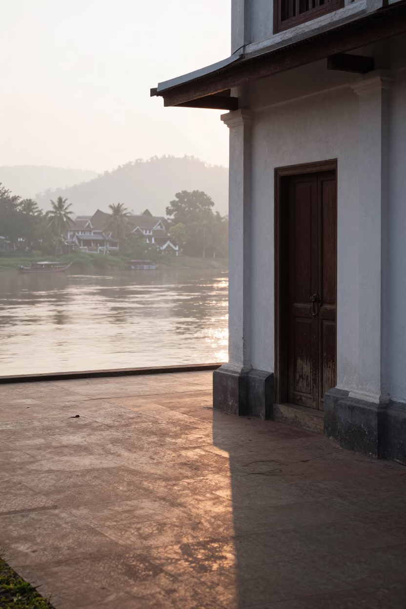 Morning Light on Mekong Riverfront in Luang Prabang Laos with Wicker Shadow in in Luang Prabang, Laos