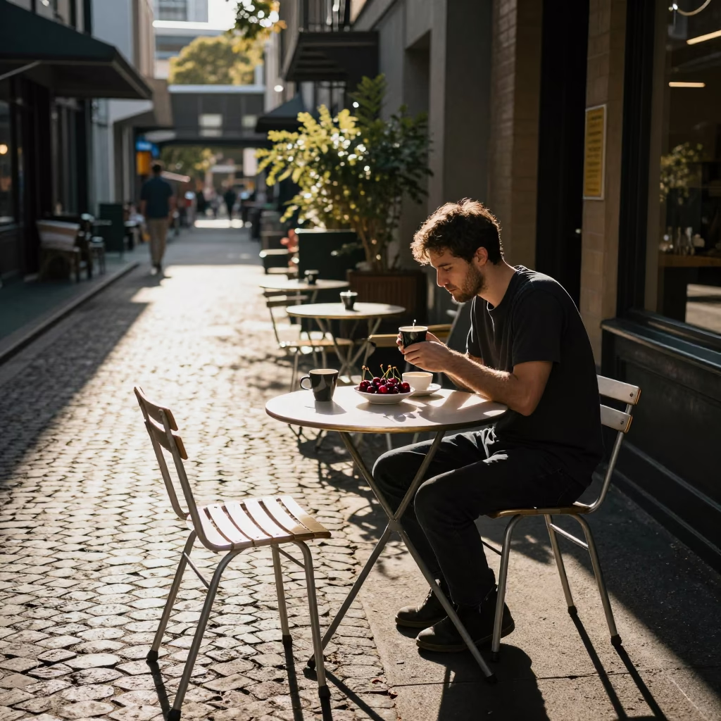 Morning light on Melbourne laneway café table with cherries and salt spoon in in Melbourne, Victoria, Australia