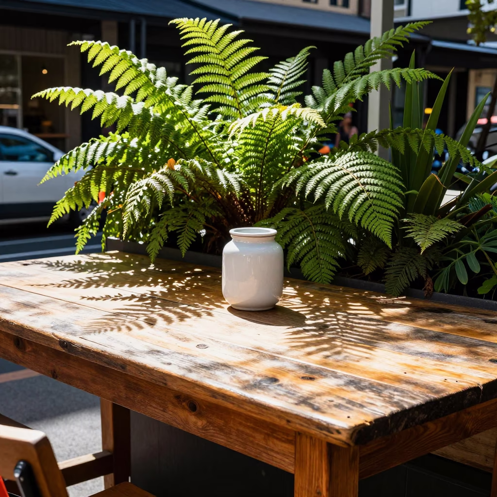 Morning light on Melbourne laneway cafe table with ferns and ceramics in in Melbourne, Victoria, Australia
