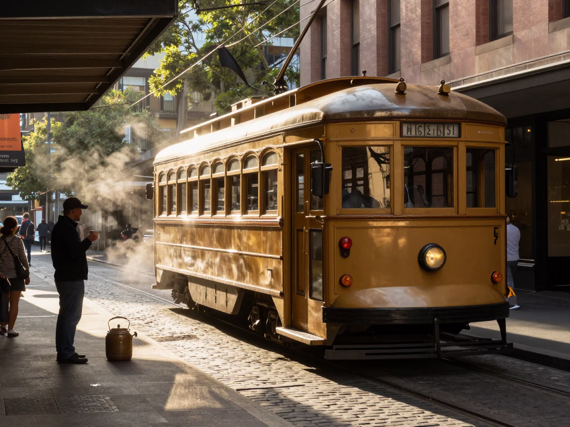 Morning light on Melbourne laneway trams and coffee cups at sunrise in in Melbourne, Victoria, Australia