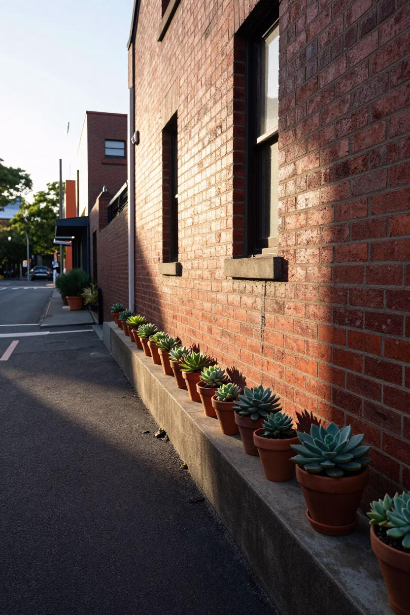 Morning light on Melbourne laneway with succulents and street details in in Melbourne, Victoria, Australia