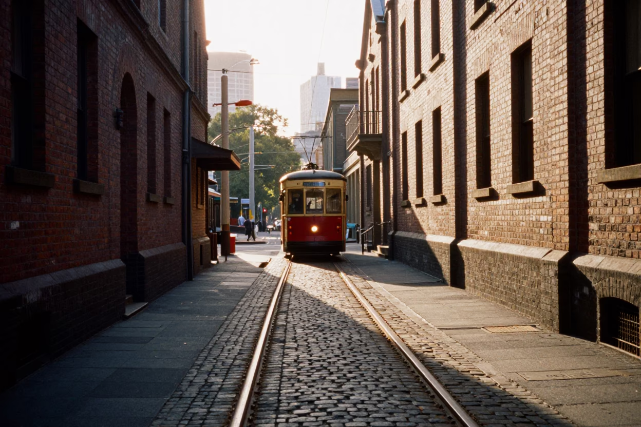 Morning Light on Melbourne Laneway with Tram Tracks and Urban Details in in Melbourne, Victoria, Australia