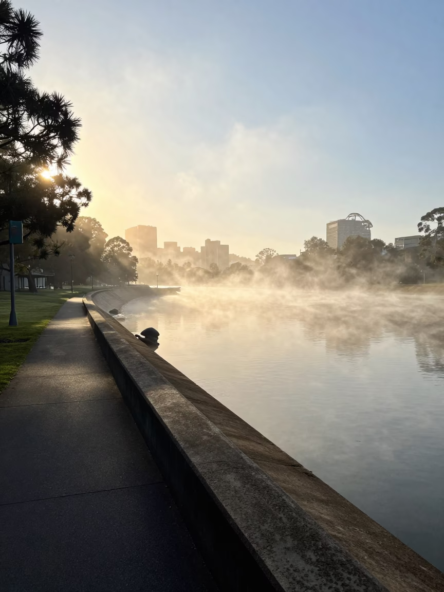 Morning Light on Melbourne Spillway Walkway with Mist and Clear Glass Railings in in Melbourne, Victoria, Australia