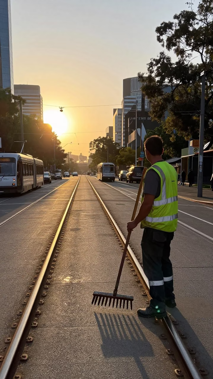 Morning Light on Melbourne Tram Tracks with Paint Flecks and Rake Head in in Melbourne, Victoria, Australia