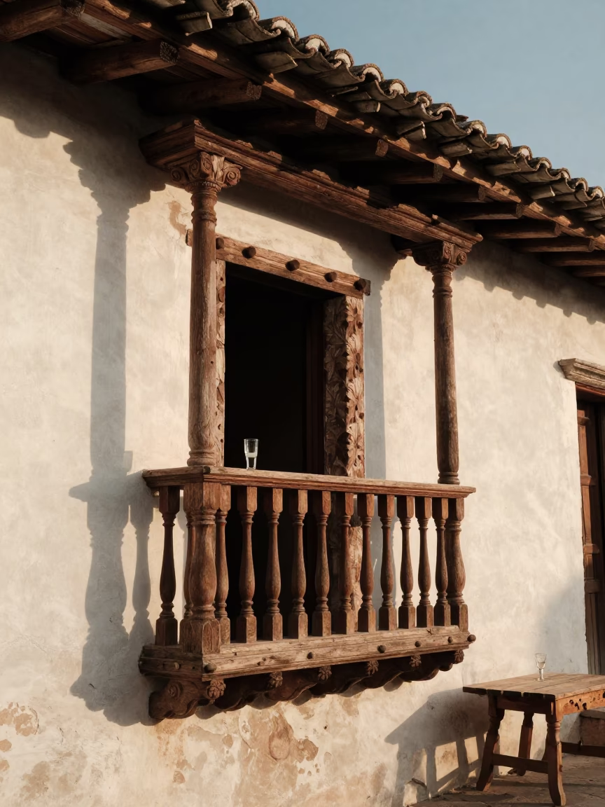 Morning light on Merida Mexico colonial balcony with mezcal glass and orange slice in in Merida, Mexico
