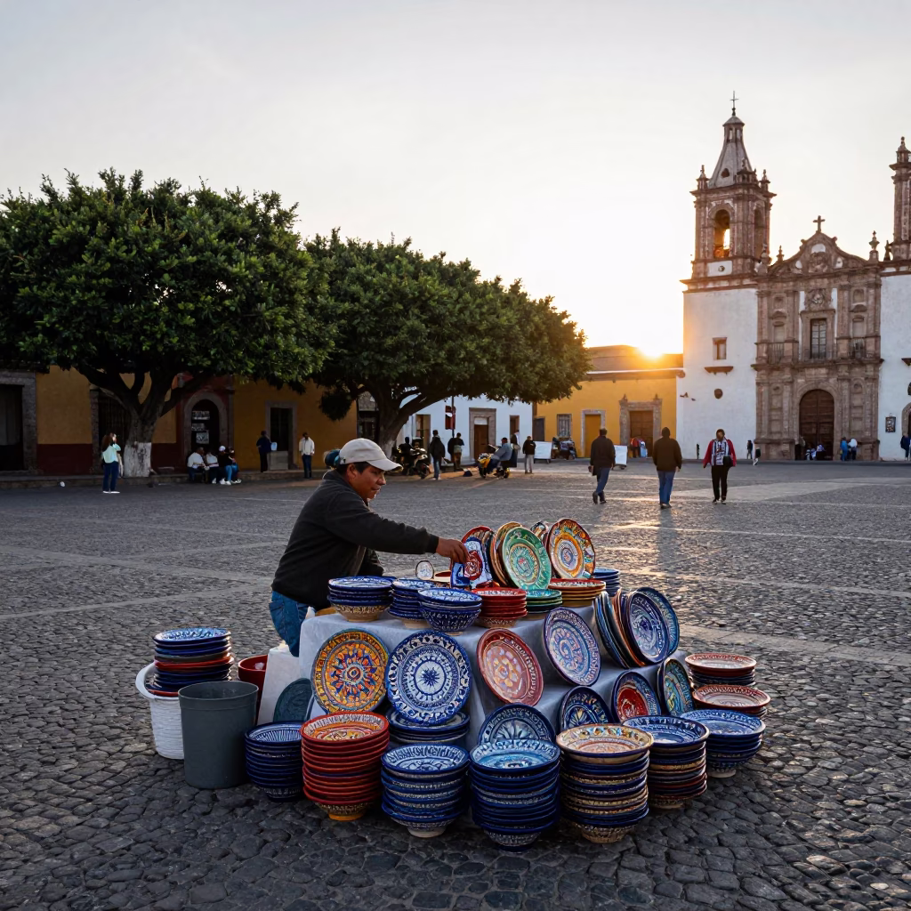 Morning Light on Merida Plaza Majolica Plates Vendor Stall in in Merida, Mexico