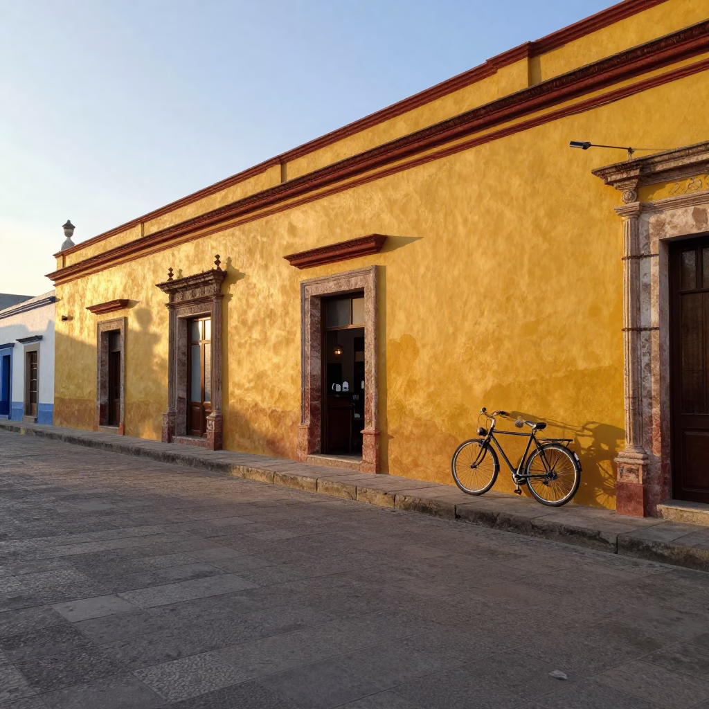Morning Light on Merida Plaza with Bicycle and Kettle in in Merida, Mexico