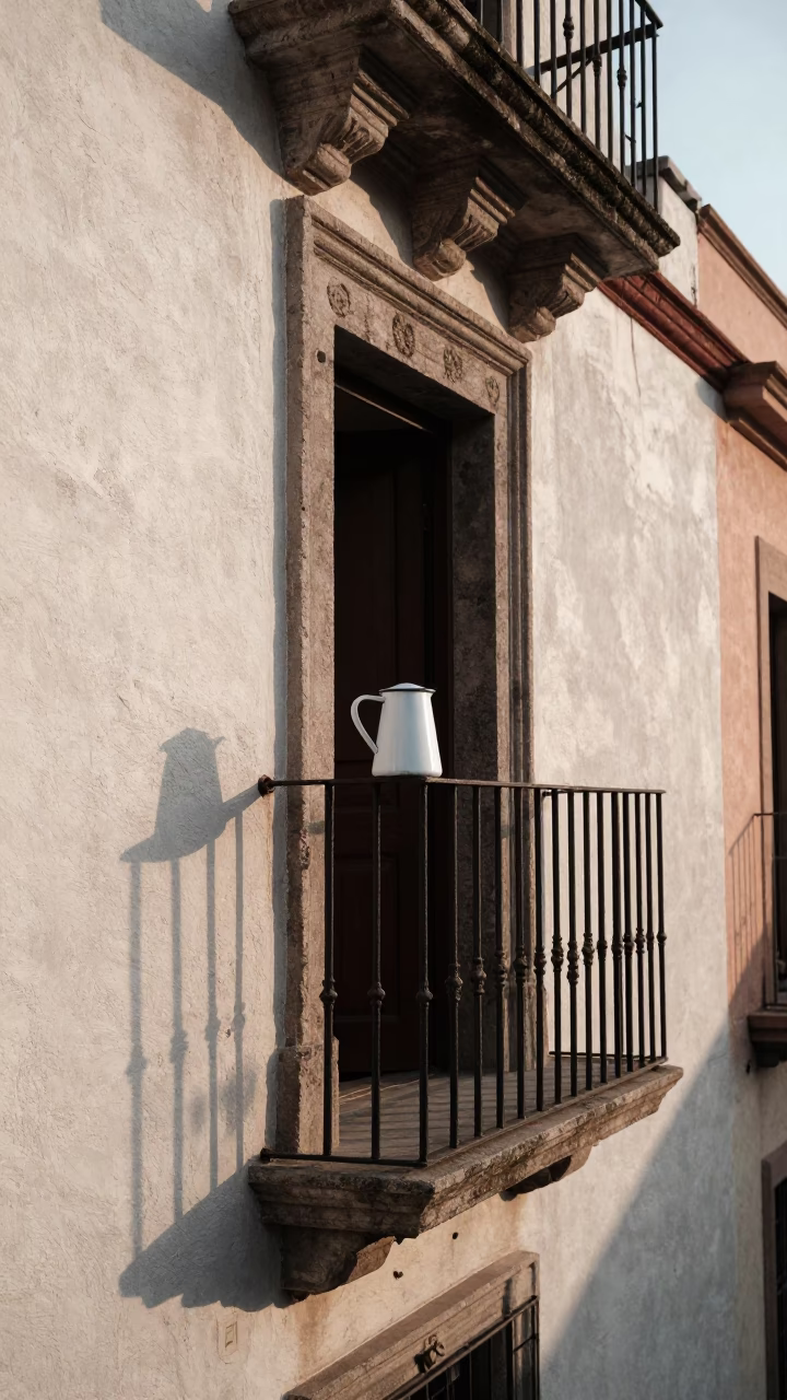 Morning light on Mexico City balcony with enamel pitcher and mug in in Mexico City, Mexico