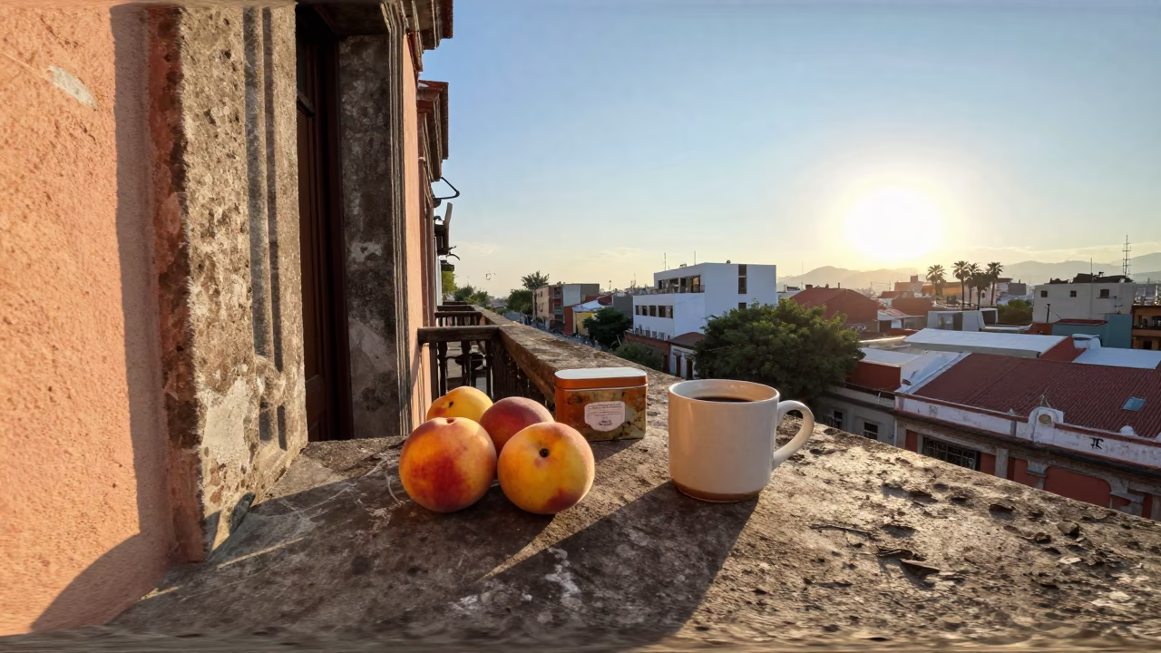 Morning Light on Mexico City Balcony with Nectarines and Coffee Pot in in Mexico City, Mexico