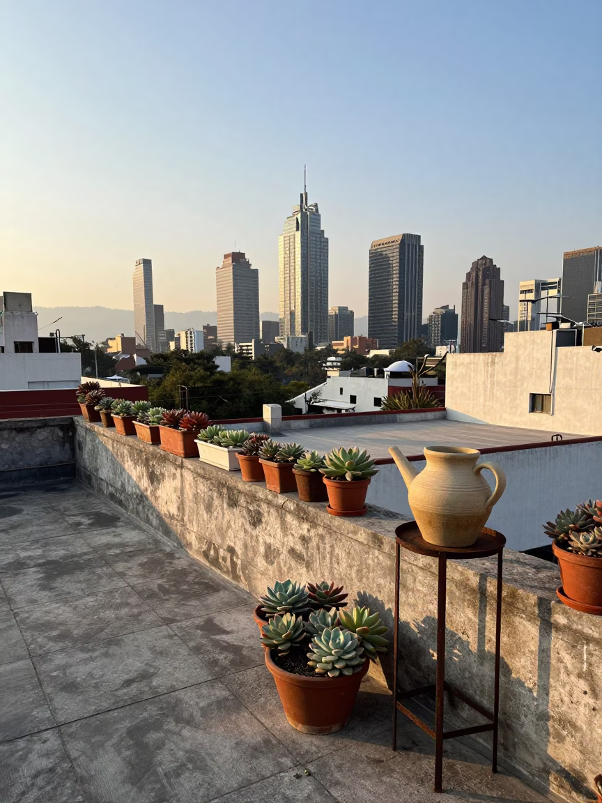 Morning Light on Mexico City Rooftop Terrace with Potted Succulents and Watering Jug in in Mexico City, Mexico