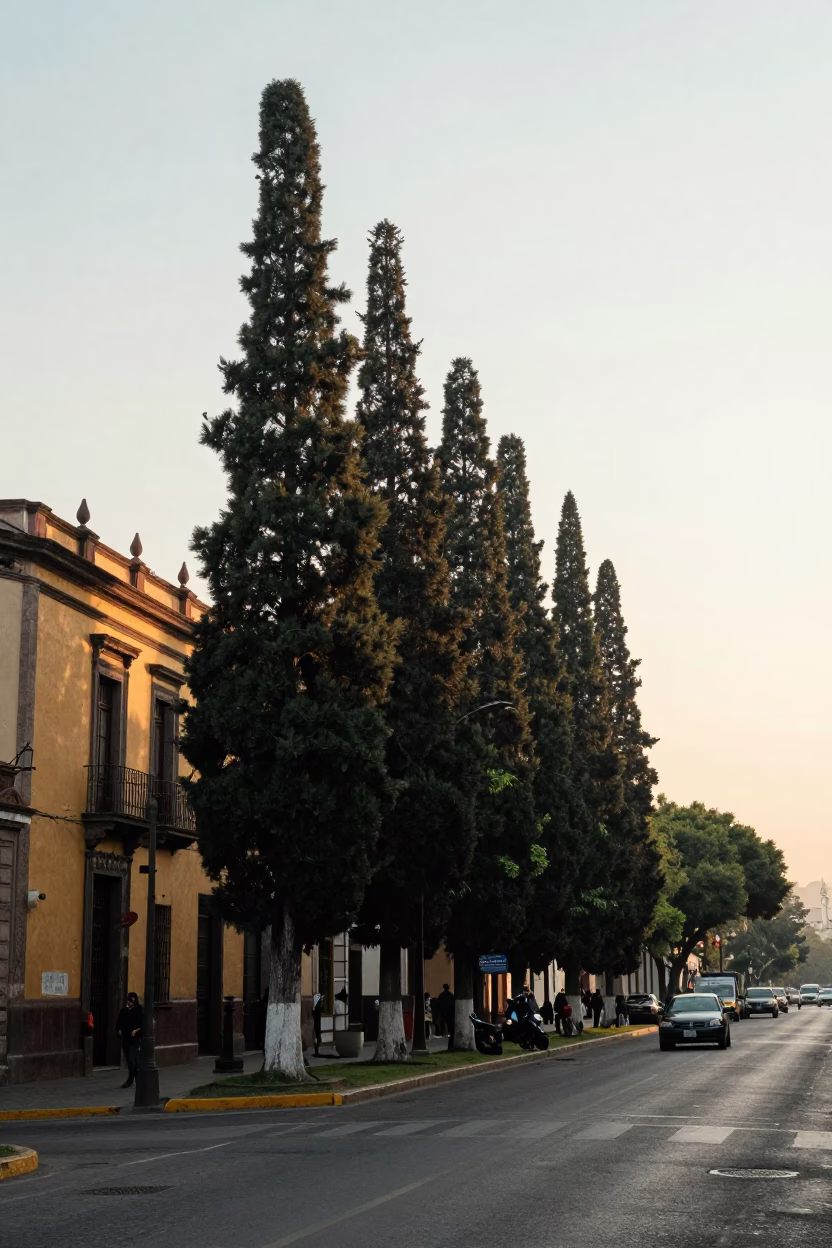 Morning light on Mexico City street with cypress trees and local commerce in in Mexico City, Mexico