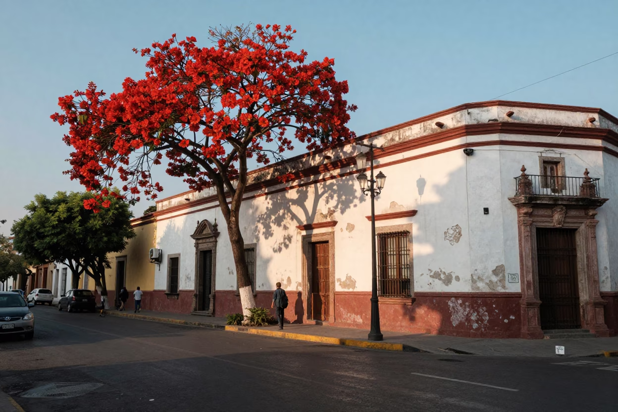 Morning light on Mexico City street with flame tree and colonial architecture in in Mexico City, Mexico