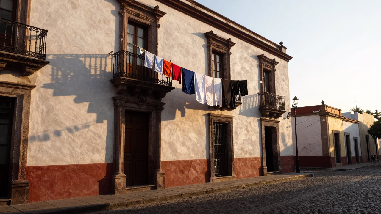 Morning Light on Mexico City Street with Hanging Laundry and Deadbolt Detail in in Mexico City, Mexico