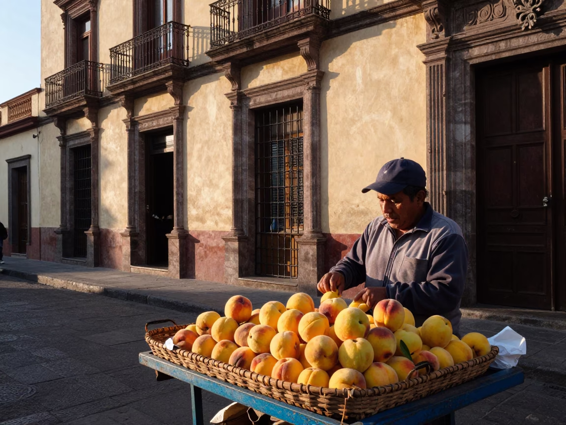Morning light on Mexico City street with vendor peaches and brush in in Mexico City, Mexico