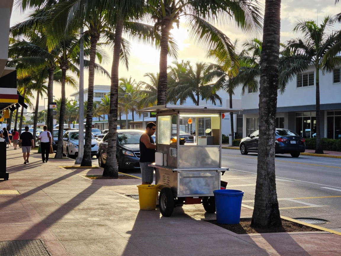 Morning light on Miami street corner with food vendor and local traffic in in Miami, Florida, United States