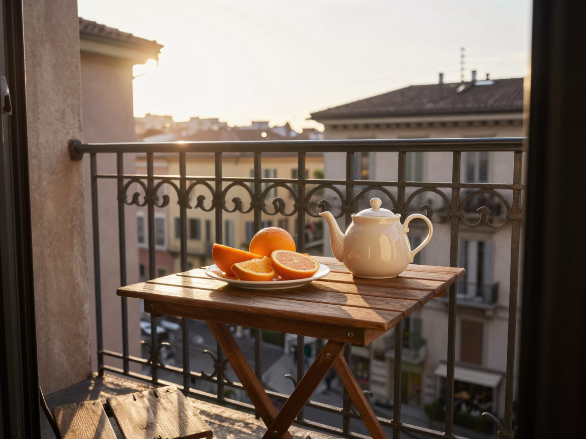 Morning light on Milan balcony with fresh fruit and local details in in Milan, Italy