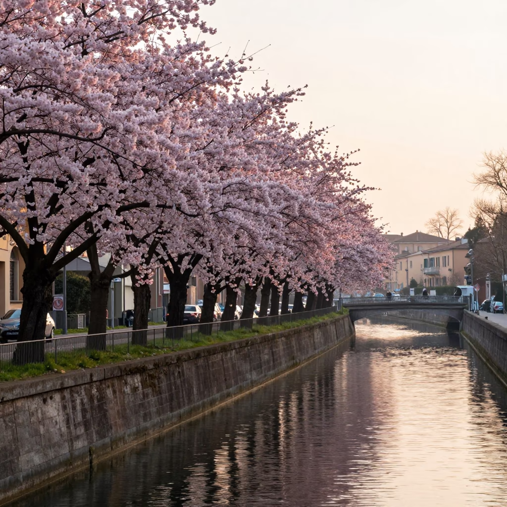 Morning light on Milan canal with cherry trees and vintage majolica plate in in Milan, Italy