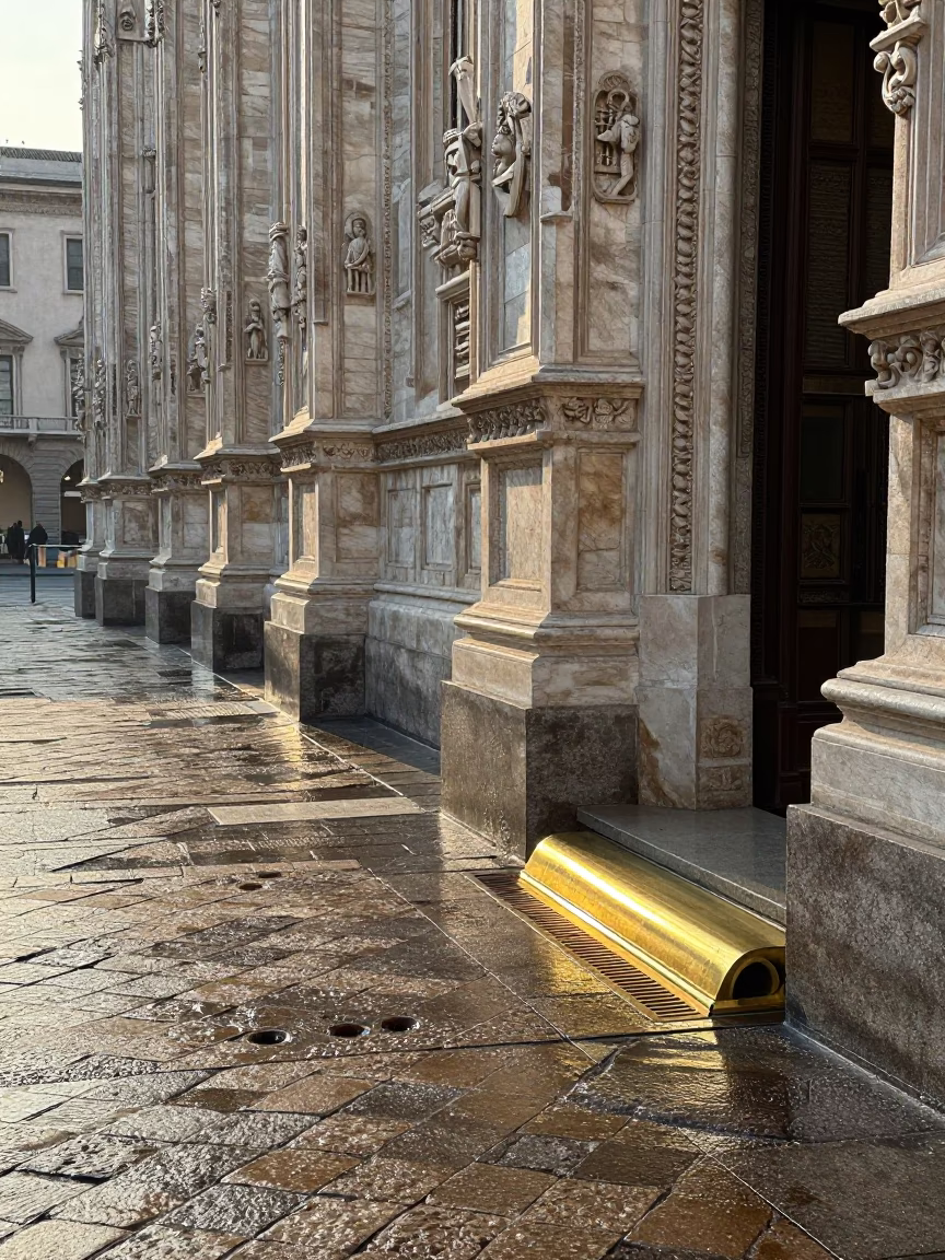 Morning light on Milan cobblestones near Duomo with brass drain and fountain pen in in Milan, Italy