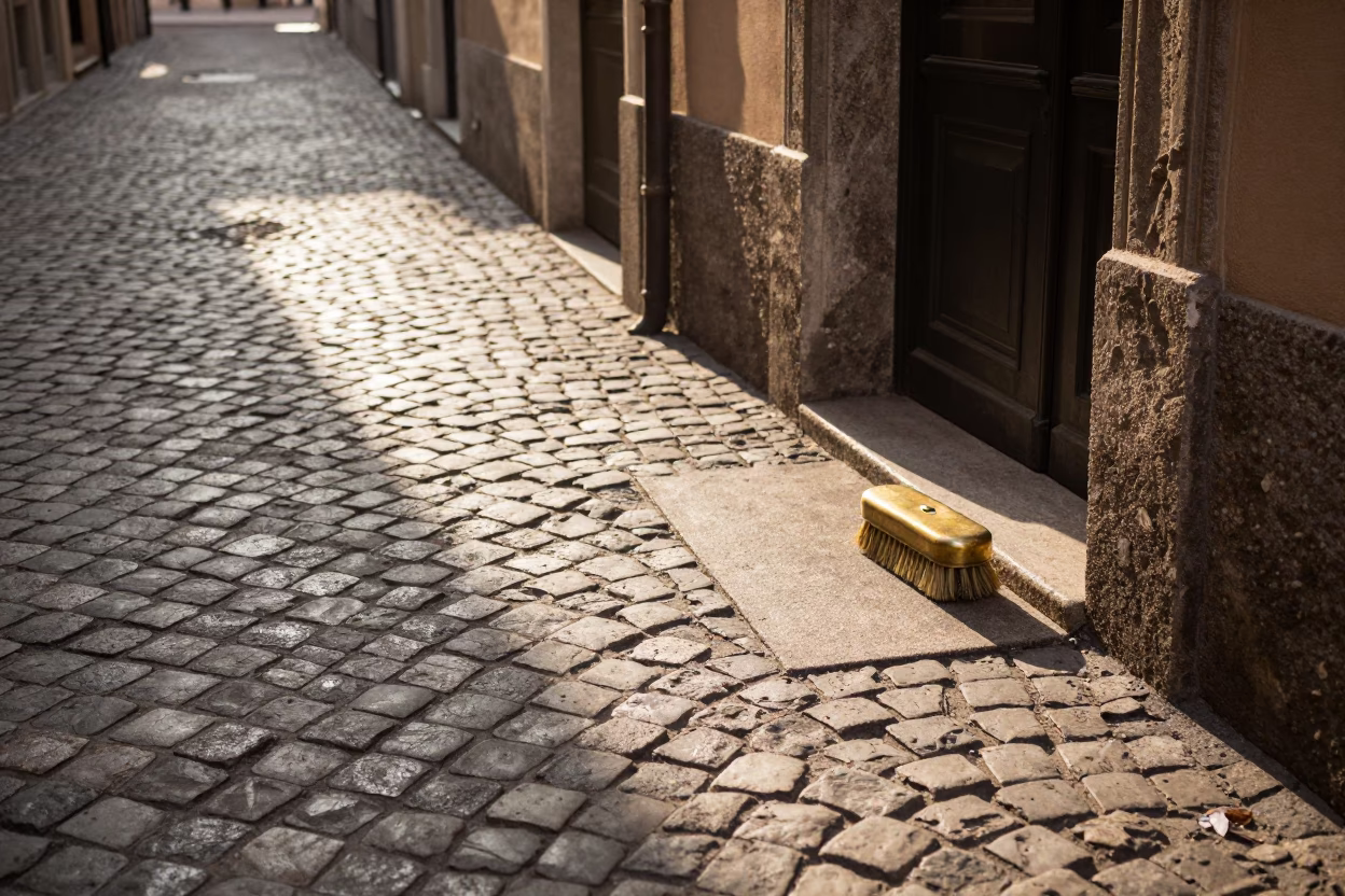 Morning Light on Milan Cobblestones with Shoe Brush and Condensation Details in in Milan, Italy