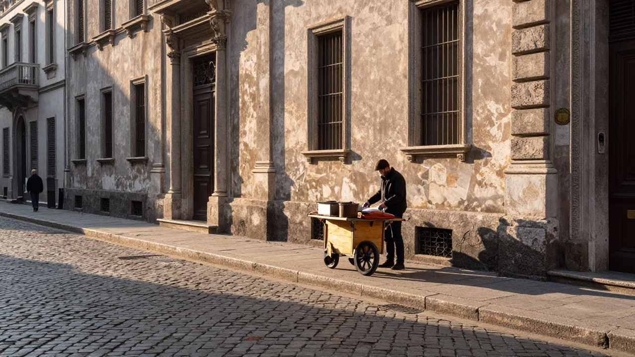 Morning Light on Milan Cobblestones with Street Vendor and Local Commuter in in Milan, Italy