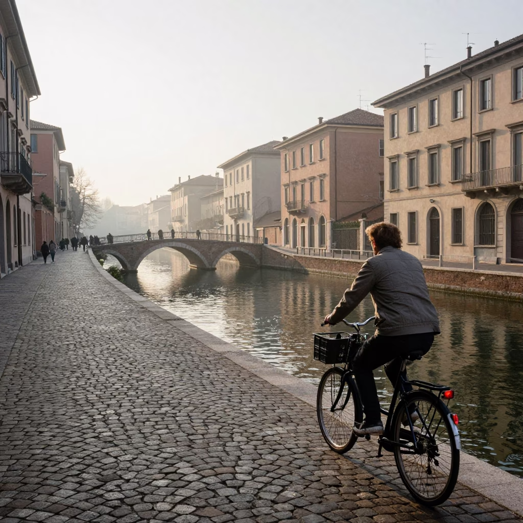 Morning Light on Milan Navigli Canal with Bicycle and Condensation Details in in Milan, Italy