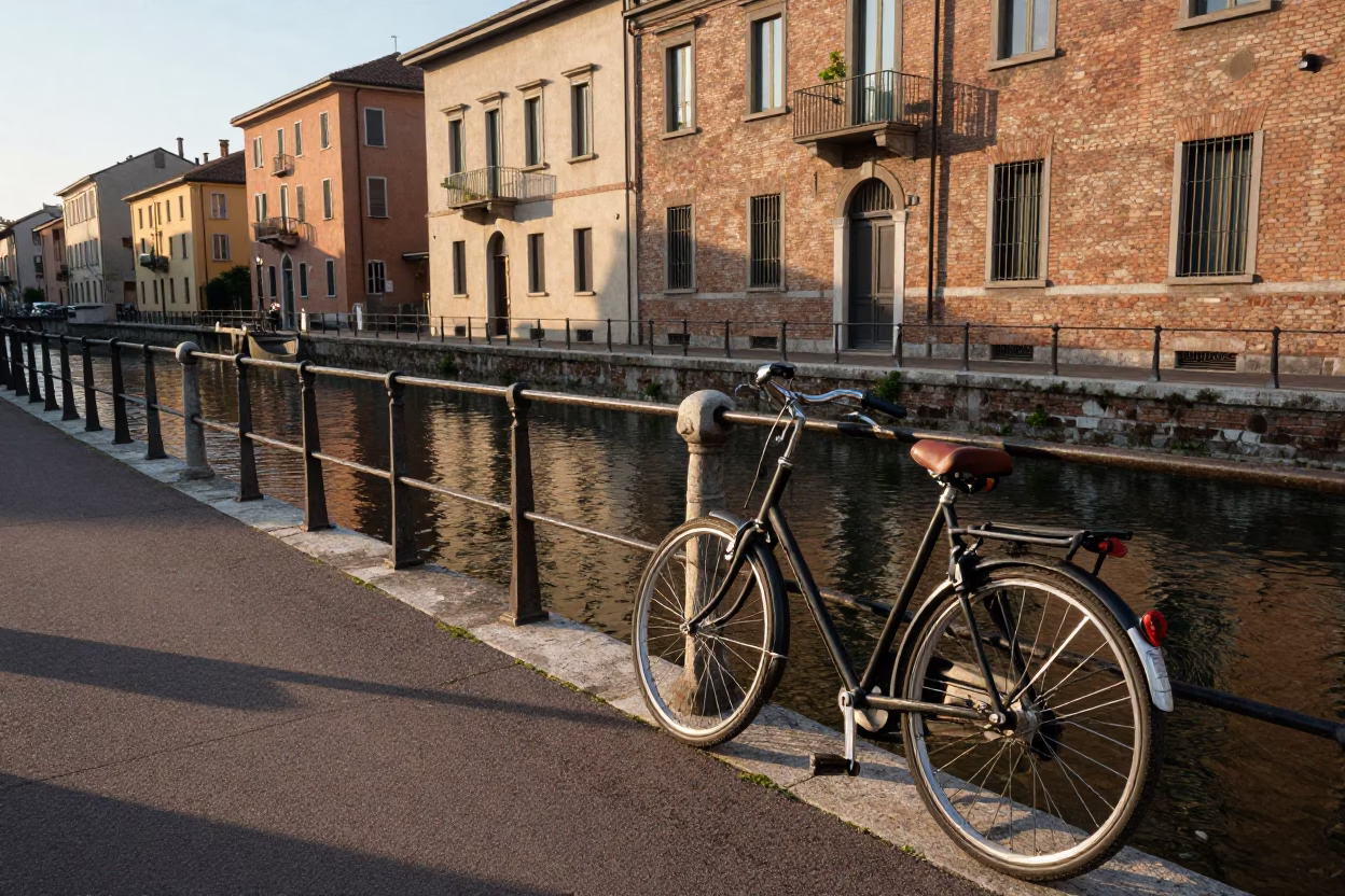 Morning Light on Milan Navigli Canals with Vintage Bicycle and Canal Banks in in Milan, Italy
