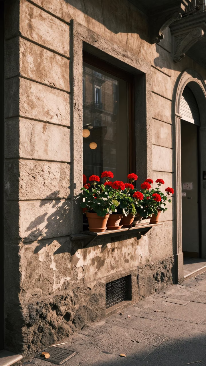 Morning light on Milan street corner with geraniums and urban details in in Milan, Italy