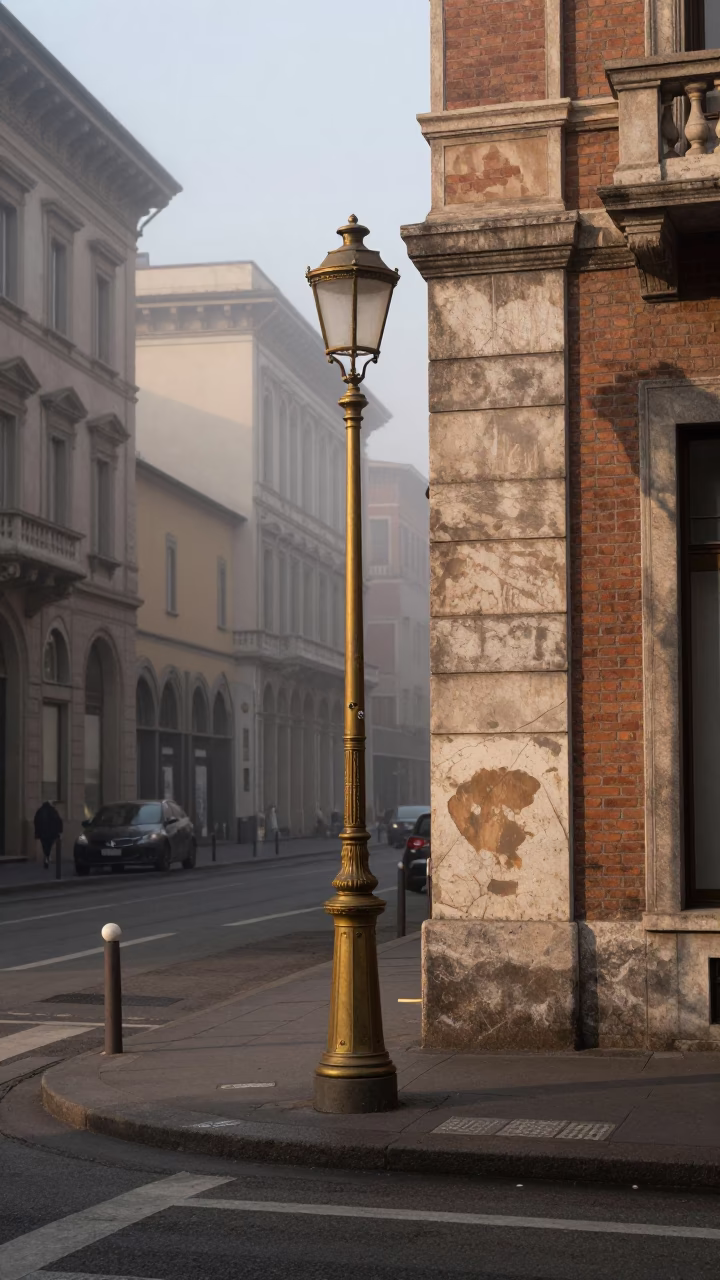Morning Light on Milan Street Corner with Tea Stained Lamp and Window Reflections in in Milan, Italy