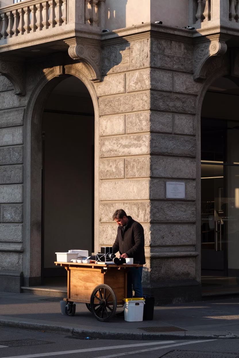 Morning light on Milan street corner with vendor and tools in in Milan, Italy