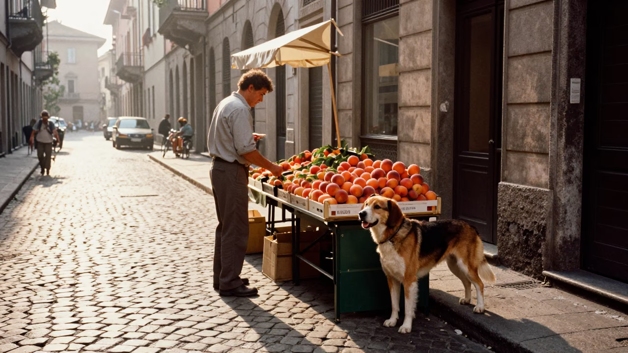 Morning light on Milan streets with peaches and local commerce in in Milan, Italy