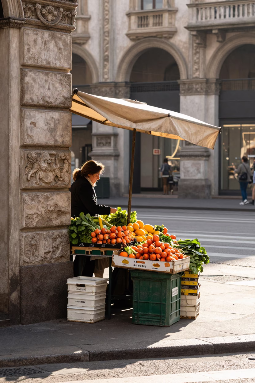Morning light on Milan streets with vintage tart tin and fresh produce in in Milan, Italy