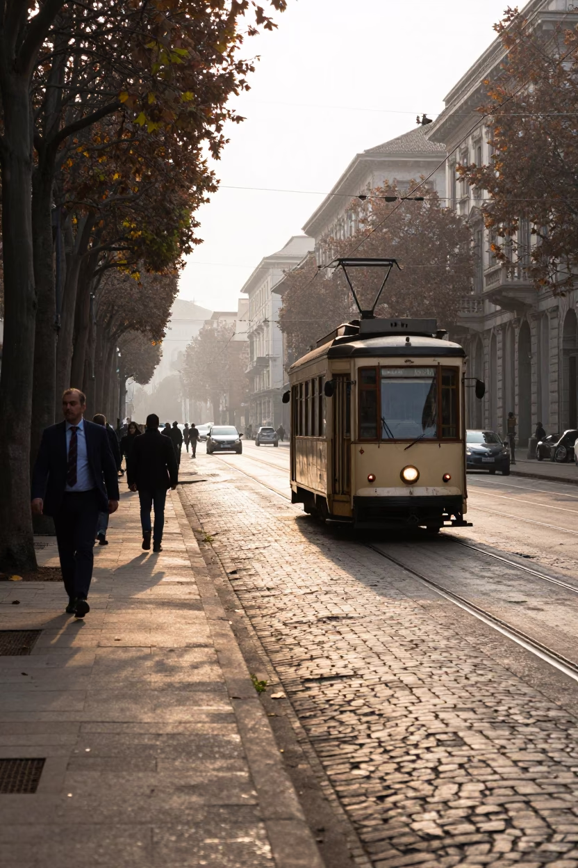 Morning light on Milan streets with vintage tram and urban details in in Milan, Italy