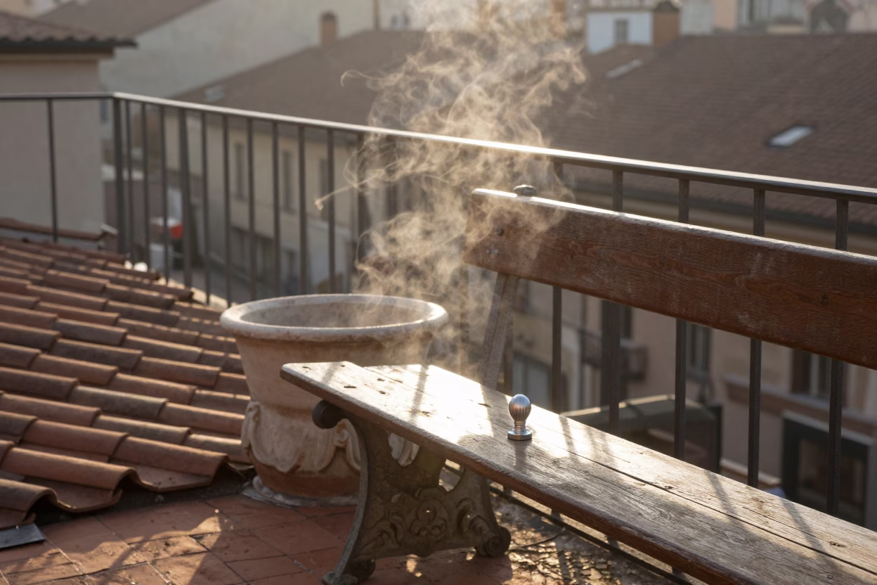 Morning Light on Milanese Balcony with Steam Haze and Notebook in in Milan, Italy