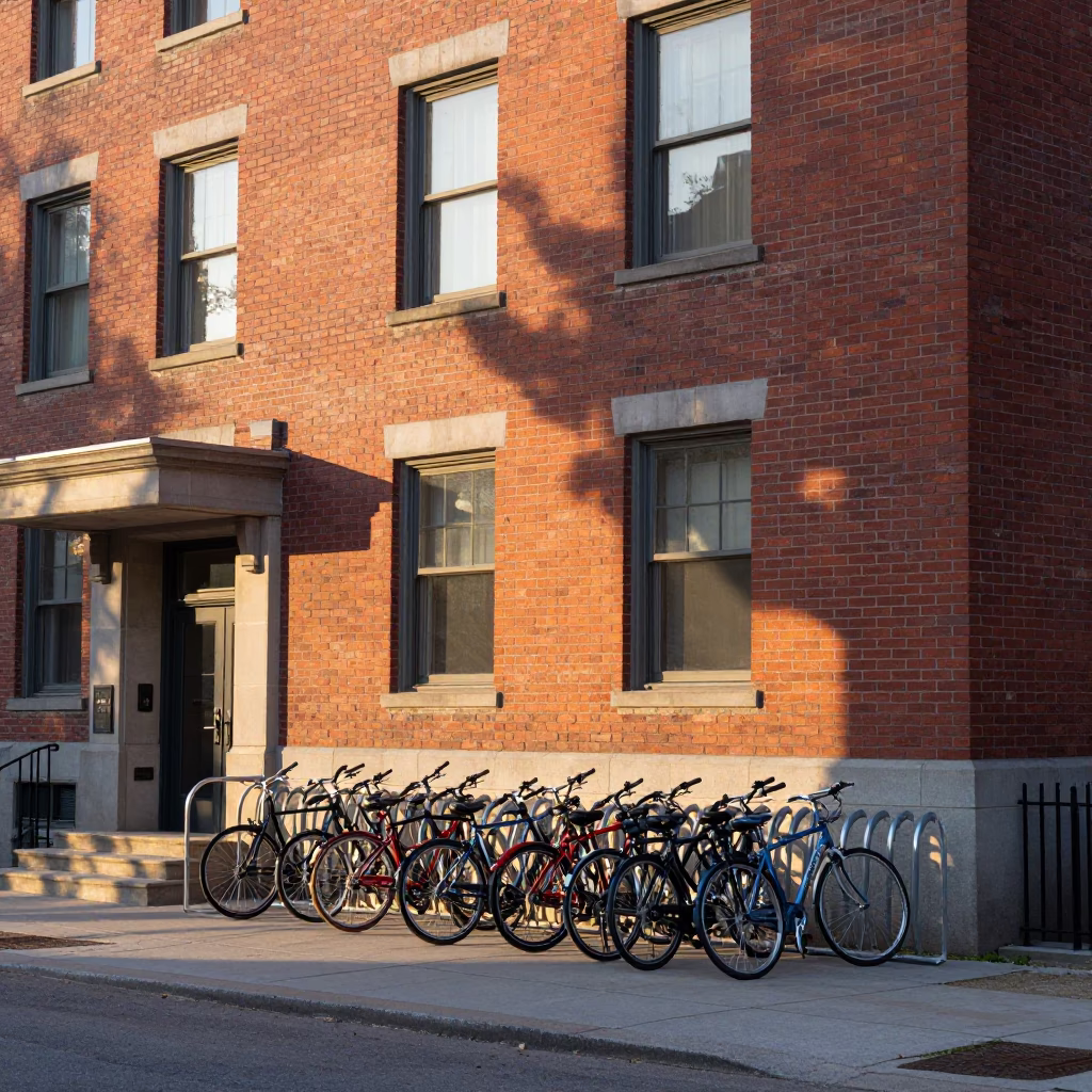 Morning Light on Montreal Brick Architecture and Campus Bicycle Rack in in Montreal, Quebec, Canada