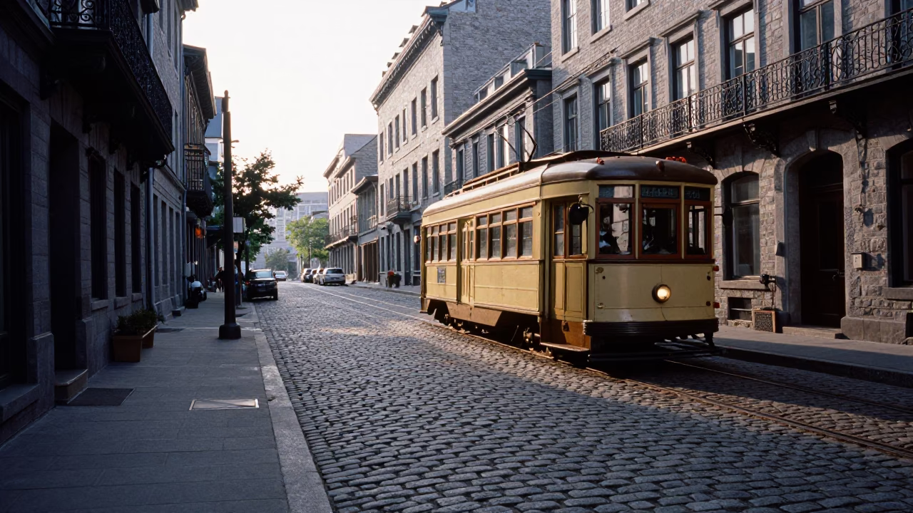 Morning light on Montreal cobblestone street with heritage tram and local market stall in in Montreal, Quebec, Canada