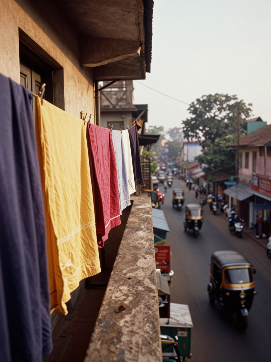 Morning light on Mumbai balcony with laundry and local street life in in Mumbai, India