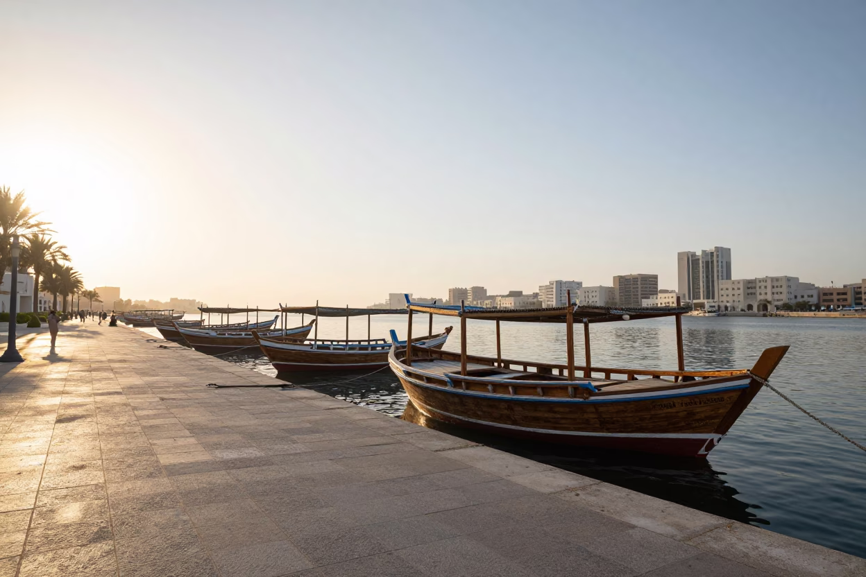 Morning Light on Muscat Corniche with Traditional Dhow Boats and Modern Architecture in in Muscat, Oman