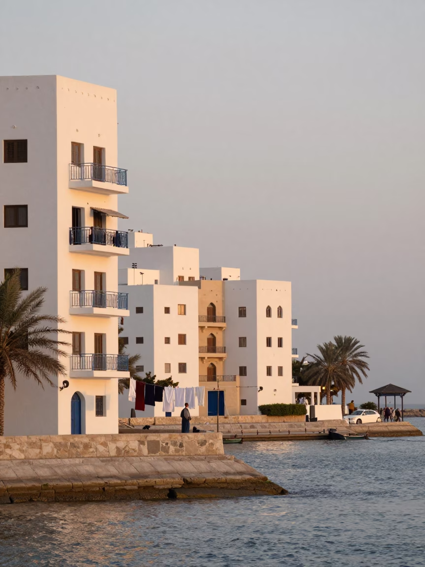 Morning Light on Muscat Corniche with Woman Hanging Laundry Between Apartment Buildings in in Muscat, Oman