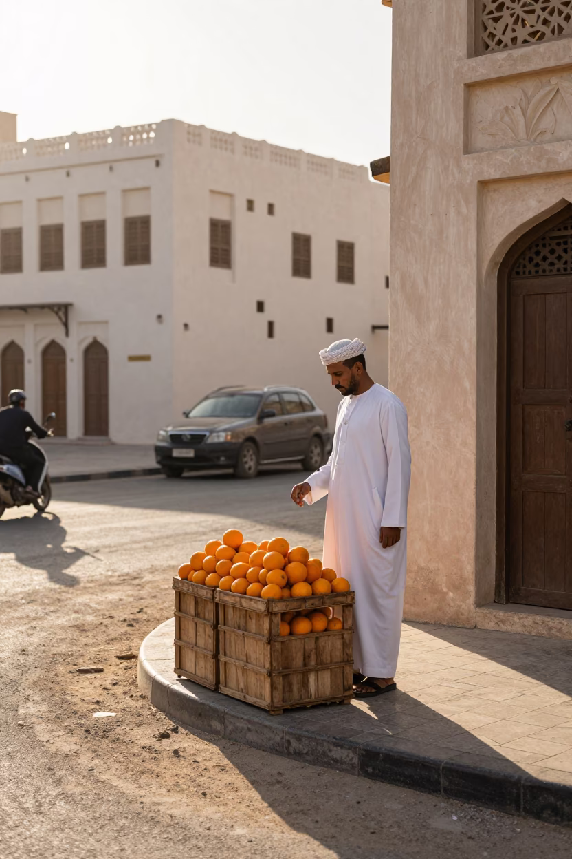 Morning Light on Muscat Street Corner with Local Vendor and Fresh Citrus in in Muscat, Oman