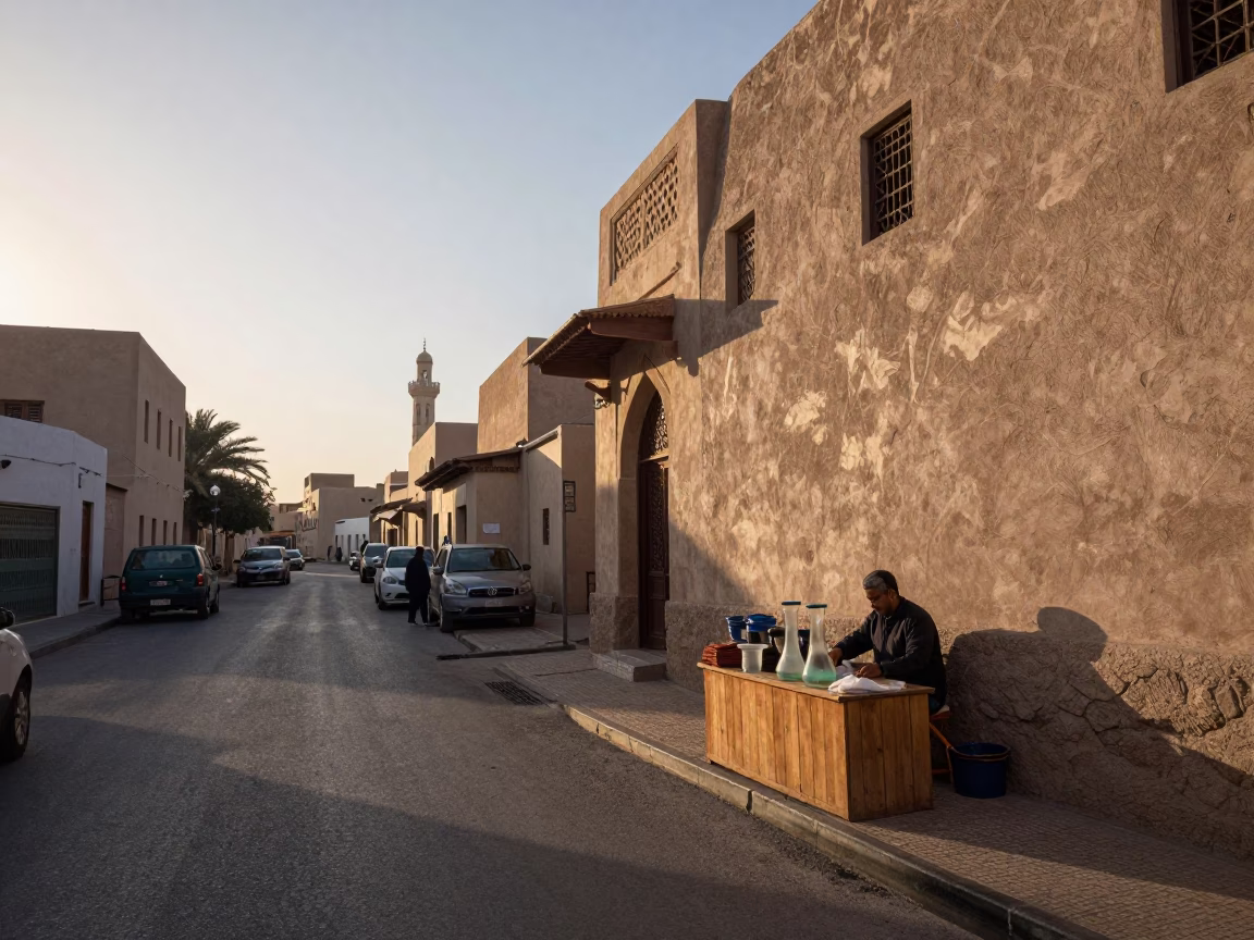 Morning Light on Muscat Street with Glass Carafe and Rattan Stool in in Muscat, Oman