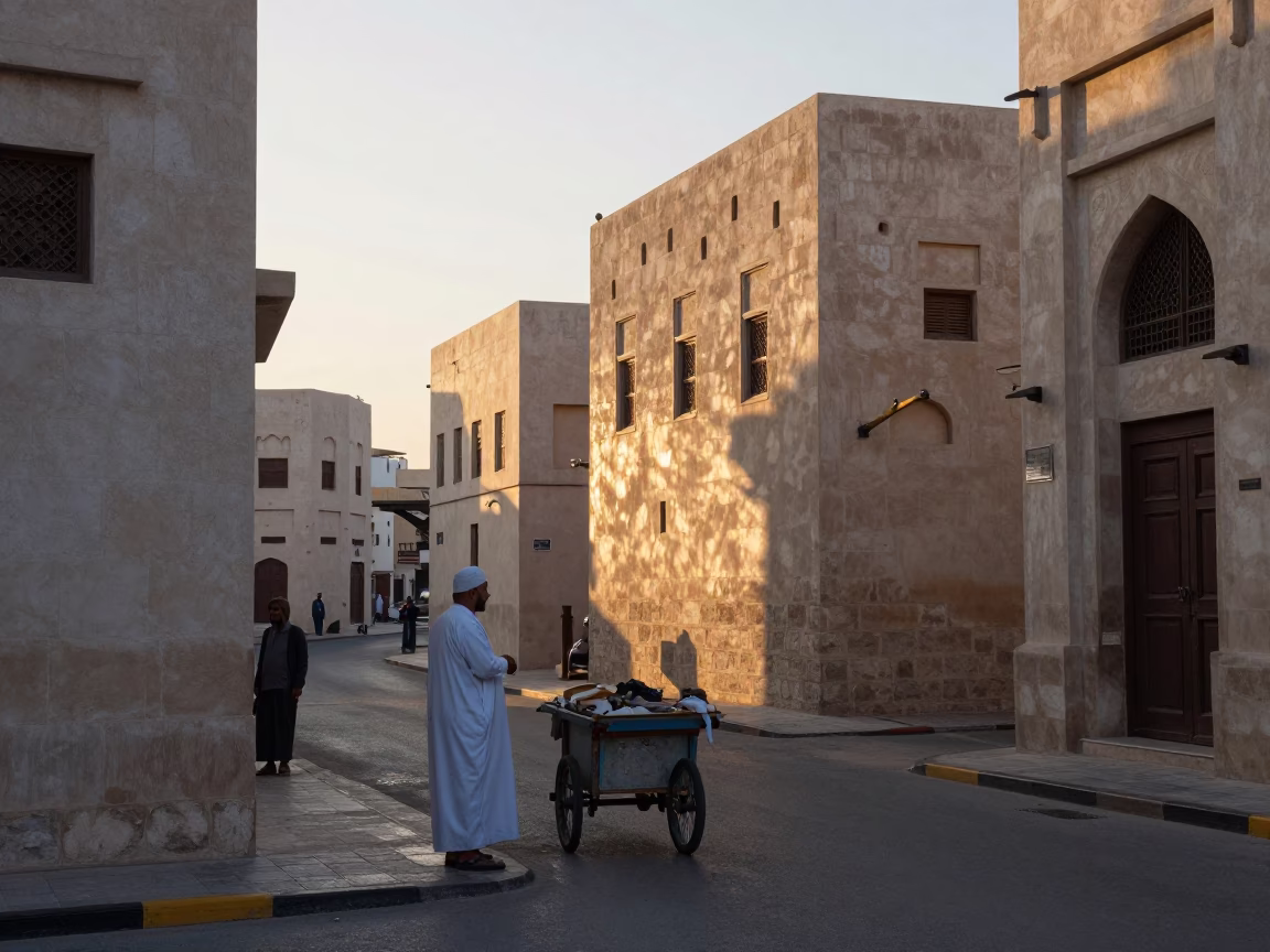 Morning Light on Muscat Street with Local Vendor and Traditional Decor in in Muscat, Oman