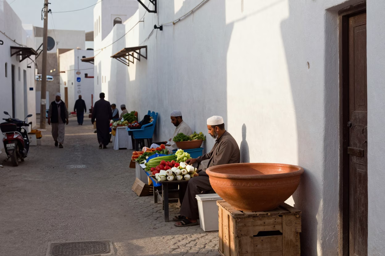 Morning Light on Muscat Street with Terracotta Bowl and Wicker Shadow in in Muscat, Oman